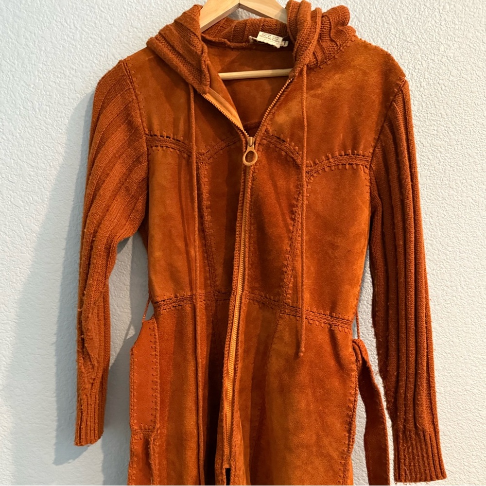 Vintage 1970s Terracotta Leather Suede Knit Crochet Hooded  Jacket Coat, Grunge - Picture 2 of 14